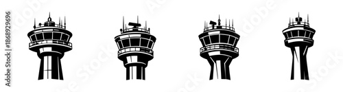 Air traffic control vector icons set with tower symbols and aviation designs