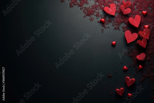 Romantic Valentine's Day composition with red hearts and confetti arranged on dark background for love, passion, and celebration of romantic relationships