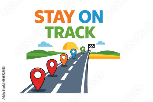 Motivational road to success with map pins and finish line at sunrise