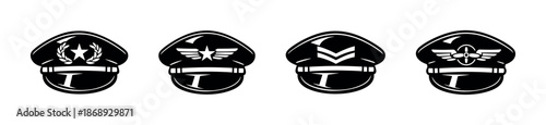 Pilot hat vector icons set: aviation, captain hats, vintage styles