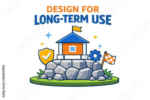 Design for long-term use: durable home with shield, gear, and flag on rocks