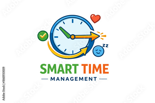Smart time management icon with clock, check mark, heart, and sleepy face