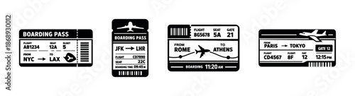 Vector icons set of airline boarding passes. air travel ticket symbols.