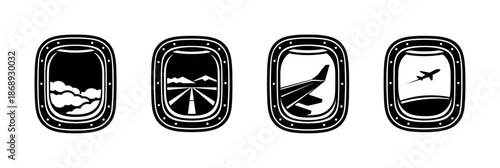 Air travel vector icons set with airplane views, aircraft window scenes, flight symbols