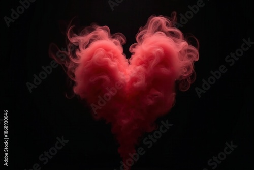 Heart-shaped pink smoke cloud floating against black background creating a romantic and artistic visual effect with vibrant colors and smoky details