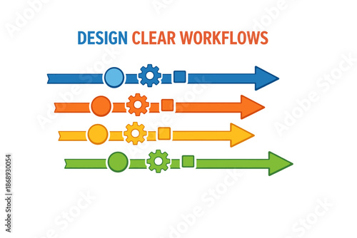 Colorful modern workflow diagram with arrows and gears