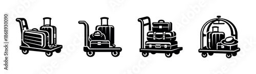 Luggage trolley vector icons set, baggage transportation symbols, cart designs