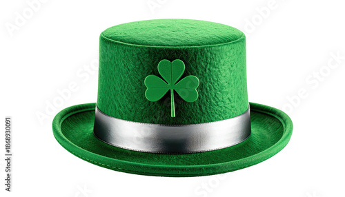 A vibrant green hat, a symbol of luck, featuring a silver band and shamrock