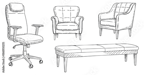 Hand drawn line art furniture set featuring an office chair, two armchairs, and a bench for interior design concepts