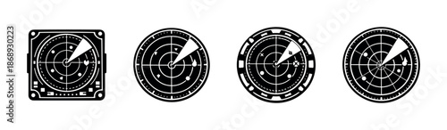 Radar screens vector icons set with target symbols and tracking displays