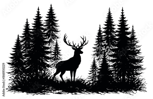 Hand drawn silhouette illustration of a majestic deer depicting wildlife in a forest for outdoor themed designs