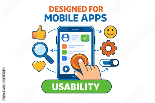 Mobile app usability graphic with interface elements and icons