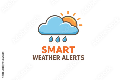 Smart weather alerts logo with sun, cloud, and raindrops on white background