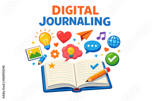 Digital journaling concepts: open book with icons of creativity and communication