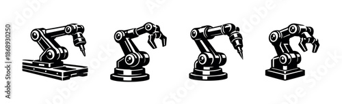 Industrial robotic arms vector icons set for manufacturing and automation design