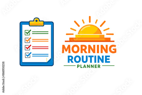 Morning routine planner with colorful checklist and rising sun illustration