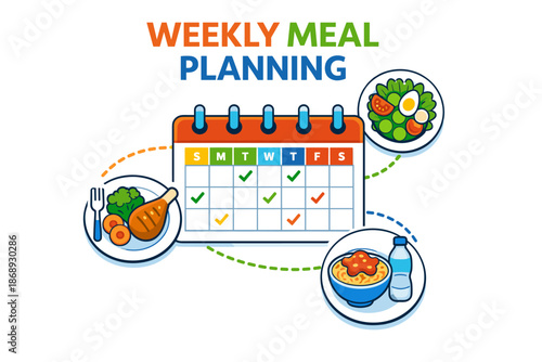 Weekly meal planning calendar with balanced diet and colorful dishes illustration