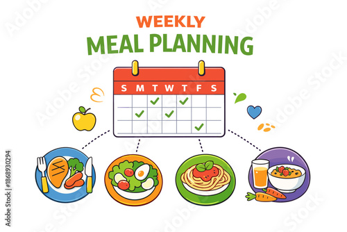 Weekly meal planning calendar with balanced dishes and fresh ingredients