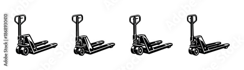 Pallet jack vector icons set: lift, transport tools in solid and outline style