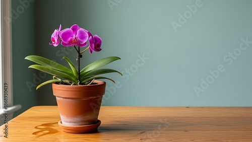 Vibrant orchid with lush leaves in terracotta pot adding refined touch