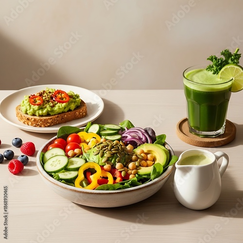 Vibrant & colorful vegan feast, balanced healthy eating on a bright table