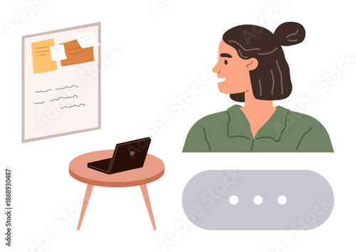 Remote work, task management, communication, teamwork, productivity, office setup. A woman looks at a bulletin board, laptop on a table and a communication bubble. Remote work and task management