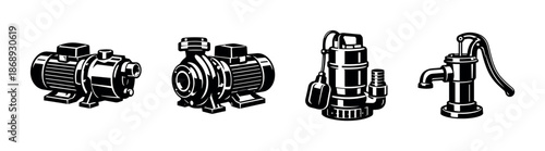Pump vector icons set: water, hydraulic, mechanical, irrigation symbols