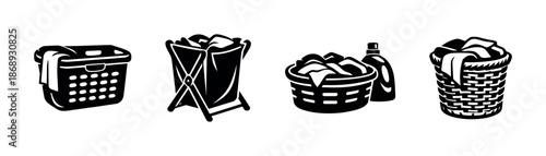 Laundry basket vector icons set: washing baskets, clothes hampers, cleaning tools