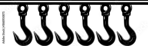 Industrial-style meat hooks hanging in a row in monochrome design
