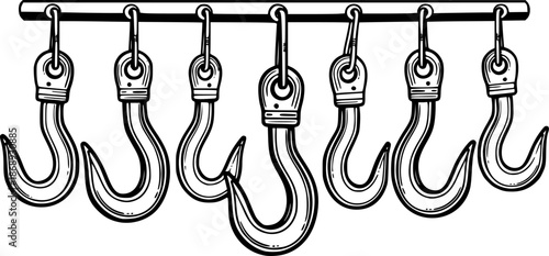 Industrial-style meat hooks hanging in a row in monochrome design
