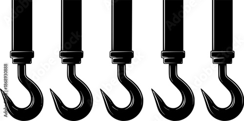 Industrial-style meat hooks hanging in a row in monochrome design
