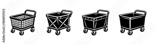Shopping cart vector icons set, flat black shopping trolley symbols, retail basket illustrations