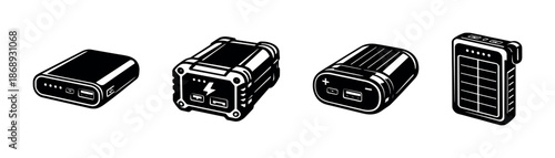Portable battery vector icons set with power banks and energy storage devices