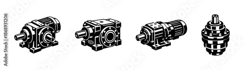 Gearbox vector icons set, motor elements, industrial machinery symbols