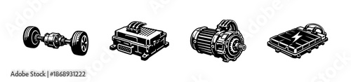 Electric vehicle components vector icons set: motor, battery, control module