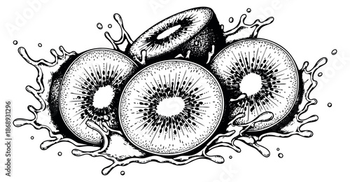 Hand drawn line art kiwi fruit set featuring slices and a juice splash for healthy food designs