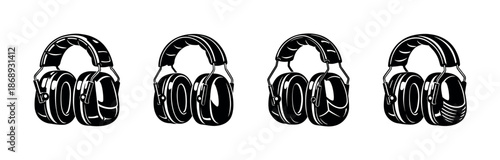 Headphones vector icons set in monochrome style, audio equipment symbols, earphones collection