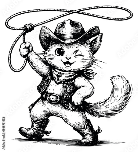 Hand drawn line art illustration of a cowboy cat depicting winking and holding a lasso for children's designs