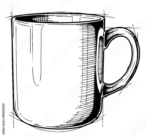 Hand drawn line art illustration of a coffee mug depicting an empty vessel for beverage designs