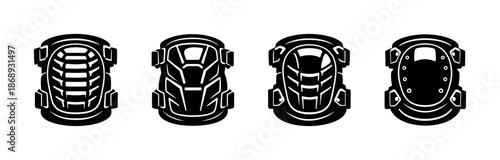 Knee pads vector icons set: black sports gear symbols for safety and protection