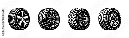 Automotive vector icons set with car tires, wheels, rim, and off-road symbols