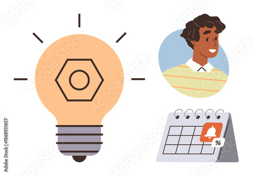 Innovation, time management, personal organization, scheduling, productivity, ideas. Lightbulb, calendar with a notification and a smiling person. Innovation and time management design concept