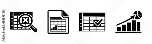 Spreadsheet vector icons set: data analysis, chart symbols, growth indications
