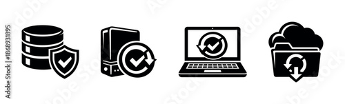 Data backup and recovery vector icons set with cloud and security symbols