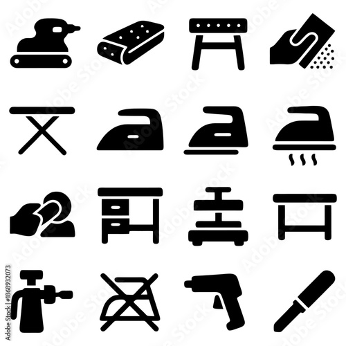 Iconic Home Maintenance Essentials: A collection of essential tools for home maintenance, presented as a set of flat icons. Featuring an electric sander, a sanding block, a small table.