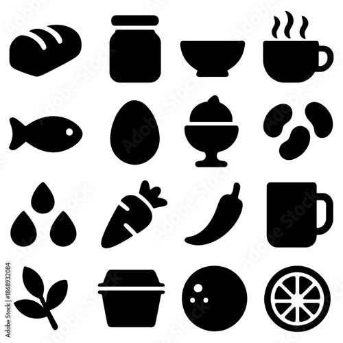 Culinary Delights: A collection of meticulously crafted icons showcasing a variety of food items, representing a culinary journey of flavors and textures.