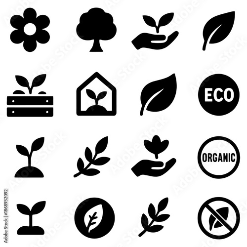 Eco-Friendly Elements: A captivating array of icons represents nature's core components: a flower, tree, sprouts, leaves, and various organic symbols.