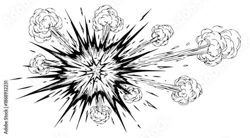Comic style line art illustration of an explosion effect depicting dynamic energy for graphic design projects