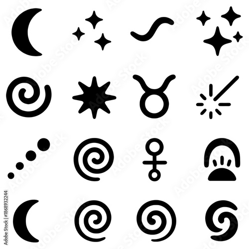 Celestial Symbols in Black: A collection of various celestial symbols artfully arranged against a contrasting background, featuring crescent moons, shimmering stars, and swirling galaxies.