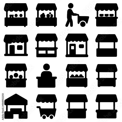 Street Stalls Icon Array: A collection of versatile street stall icons, perfect for representing diverse markets and retail environments.